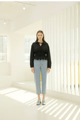 Smocked Waist Linen Blouse With Tie Front and Puff Sleeves