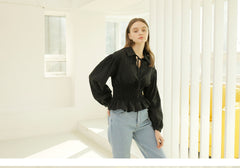 Smocked Waist Linen Blouse With Tie Front and Puff Sleeves