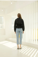 Smocked Waist Linen Blouse With Tie Front and Puff Sleeves