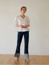 Women's Linen Blouse with Puff Elbow-Length Sleeves and Button Front – Lightweight Summer Top