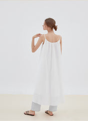 Flowy Linen Midi Dress with Adjustable Spaghetti Straps and Relaxed A-Line Silhouette