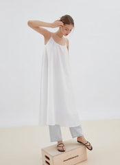 Flowy Linen Midi Dress with Adjustable Spaghetti Straps and Relaxed A-Line Silhouette
