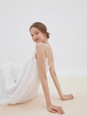 Flowy Linen Midi Dress with Adjustable Spaghetti Straps and Relaxed A-Line Silhouette