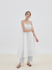 Flowy Linen Midi Dress with Adjustable Spaghetti Straps and Relaxed A-Line Silhouette