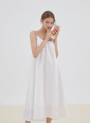 Flowy Linen Midi Dress with Adjustable Spaghetti Straps and Relaxed A-Line Silhouette