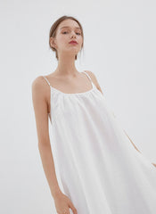 Flowy Linen Midi Dress with Adjustable Spaghetti Straps and Relaxed A-Line Silhouette