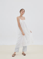 Flowy Linen Midi Dress with Adjustable Spaghetti Straps and Relaxed A-Line Silhouette