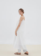 Flowy Linen Midi Dress with Adjustable Spaghetti Straps and Relaxed A-Line Silhouette