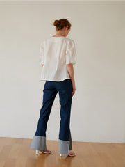 Women's Linen Blouse with Puff Elbow-Length Sleeves and Button Front – Lightweight Summer Top