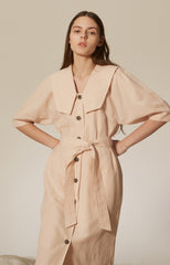 Elegant Button-Front Linen Dress with Belted Waist and Oversized Collar Detail