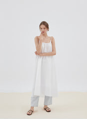 Flowy Linen Midi Dress with Adjustable Spaghetti Straps and Relaxed A-Line Silhouette