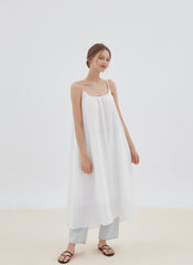 Flowy Linen Midi Dress with Adjustable Spaghetti Straps and Relaxed A-Line Silhouette