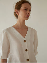 Women's Linen Blouse with Puff Elbow-Length Sleeves and Button Front – Lightweight Summer Top