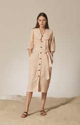 Elegant Button-Front Linen Dress with Belted Waist and Oversized Collar Detail