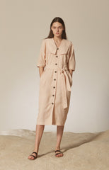 Elegant Button-Front Linen Dress with Belted Waist and Oversized Collar Detail