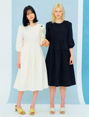 Women's White Linen Tiered Midi Dress with Puff Sleeves and Round Neck – Lightweight Summer Fit