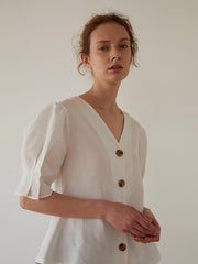 Women's Linen Blouse with Puff Elbow-Length Sleeves and Button Front – Lightweight Summer Top