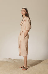Elegant Button-Front Linen Dress with Belted Waist and Oversized Collar Detail