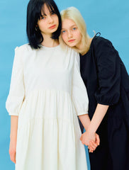 Women's White Linen Tiered Midi Dress with Puff Sleeves and Round Neck – Lightweight Summer Fit