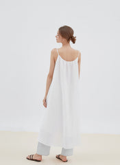 Flowy Linen Midi Dress with Adjustable Spaghetti Straps and Relaxed A-Line Silhouette