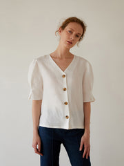 Women's Linen Blouse with Puff Elbow-Length Sleeves and Button Front – Lightweight Summer Top