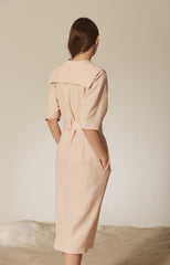 Elegant Button-Front Linen Dress with Belted Waist and Oversized Collar Detail