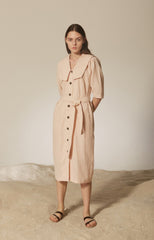 Elegant Button-Front Linen Dress with Belted Waist and Oversized Collar Detail