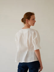 Women's Linen Blouse with Puff Elbow-Length Sleeves and Button Front – Lightweight Summer Top