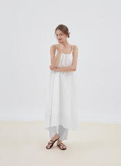 Flowy Linen Midi Dress with Adjustable Spaghetti Straps and Relaxed A-Line Silhouette