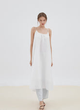 Flowy Linen Midi Dress with Adjustable Spaghetti Straps and Relaxed A-Line Silhouette