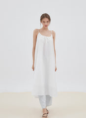 Flowy Linen Midi Dress with Adjustable Spaghetti Straps and Relaxed A-Line Silhouette