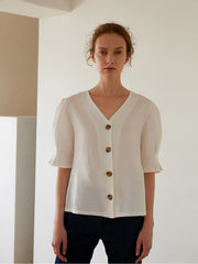 Women's Linen Blouse with Puff Elbow-Length Sleeves and Button Front – Lightweight Summer Top