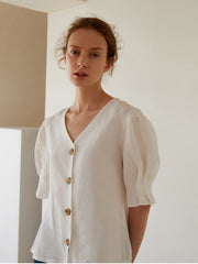Women's Linen Blouse with Puff Elbow-Length Sleeves and Button Front – Lightweight Summer Top