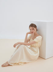 Romantic Linen Midi Dress with Puff Sleeves, Square Neckline, and Back Tie Detail