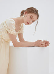 Romantic Linen Midi Dress with Puff Sleeves, Square Neckline, and Back Tie Detail