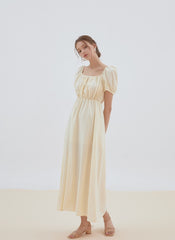 Romantic Linen Midi Dress with Puff Sleeves, Square Neckline, and Back Tie Detail
