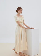 Romantic Linen Midi Dress with Puff Sleeves, Square Neckline, and Back Tie Detail