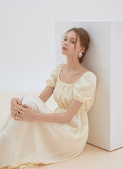 Romantic Linen Midi Dress with Puff Sleeves, Square Neckline, and Back Tie Detail