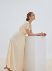 Romantic Linen Midi Dress with Puff Sleeves, Square Neckline, and Back Tie Detail