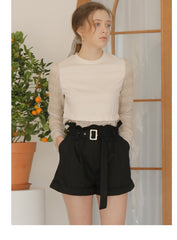 High-Waisted Pleated Linen Shorts with Cuffed Hem and Waist Belt Detail