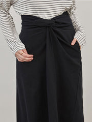 Women's High-Waisted Linen Midi Skirt with Front Twist Detail – Minimalist Draped Silhouette