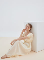 Romantic Linen Midi Dress with Puff Sleeves, Square Neckline, and Back Tie Detail