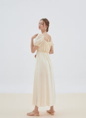 Romantic Linen Midi Dress with Puff Sleeves, Square Neckline, and Back Tie Detail