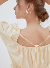 Romantic Linen Midi Dress with Puff Sleeves, Square Neckline, and Back Tie Detail