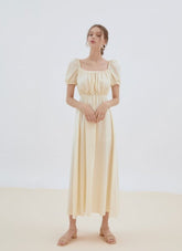 Romantic Linen Midi Dress with Puff Sleeves, Square Neckline, and Back Tie Detail