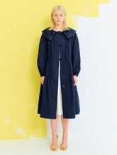 Women's Linen Midi Dress with Drawstring Waist and Oversized Collar – Layered Trench Style