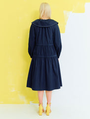 Women's Linen Midi Dress with Drawstring Waist and Oversized Collar – Layered Trench Style