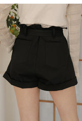 High-Waisted Pleated Linen Shorts with Cuffed Hem and Waist Belt Detail