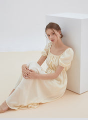 Romantic Linen Midi Dress with Puff Sleeves, Square Neckline, and Back Tie Detail