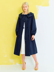 Women's Linen Midi Dress with Drawstring Waist and Oversized Collar – Layered Trench Style